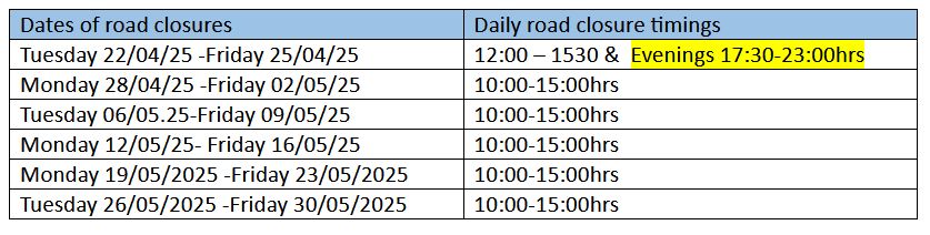 An image for Winterslow Parish Council website showing MOD Crown Road closure dates